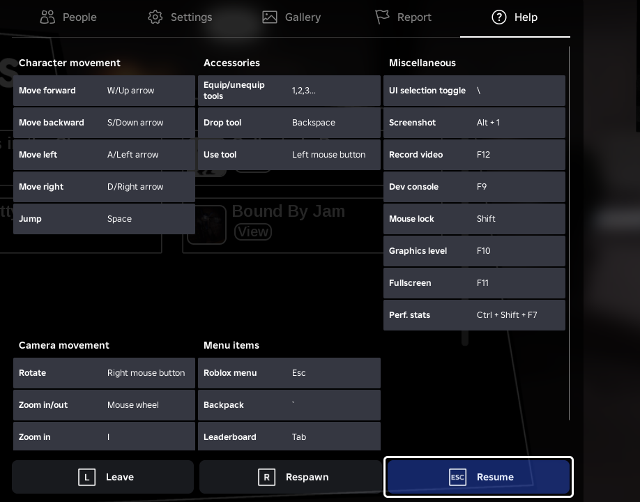 Roblox Help overlay listing PC movement, camera, accessory and menu controls