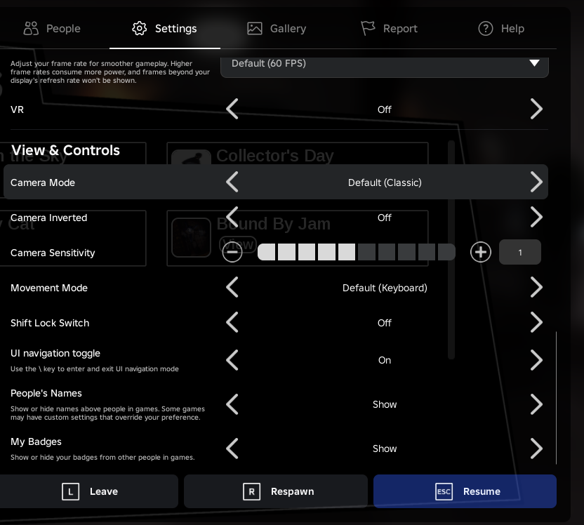 Roblox View and Controls settings opened while playing Scream Jam